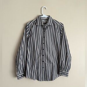 Façonnable women’s dress shirt 100% cotton grey and tan stripes preppy